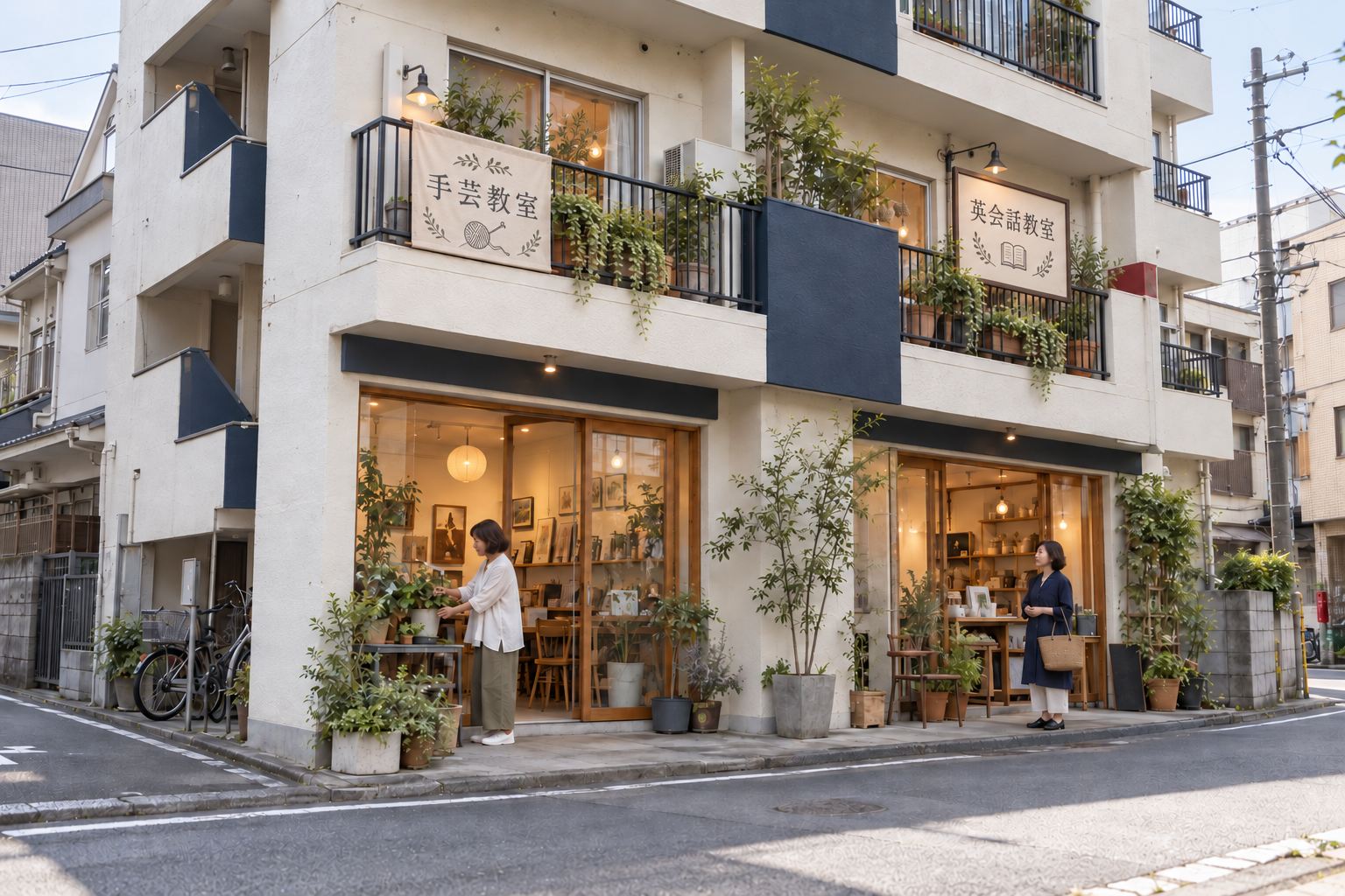 緑の植物に囲まれた古い集合住宅。2階のベランダに「手芸教室」「英会話教室」の看板が掛かり、1階の店先では女性が植物の手入れをしている