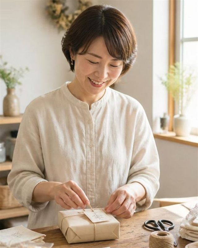明るい作業部屋で、女性が笑顔で手づくりの品をクラフト紙で包み、タグを結んでいる