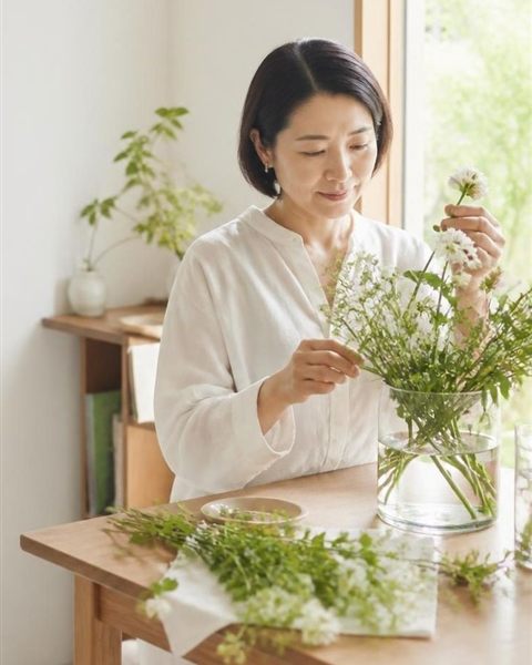 窓辺のテーブルで、女性がガラスの花瓶に白い花を生けている